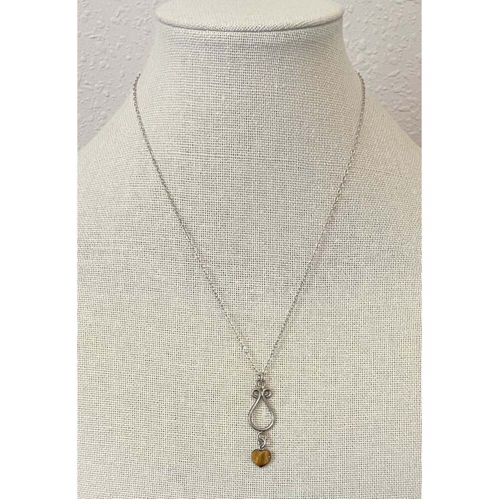 Dainty Heart Tigers Eye Silvertone Necklace For Women Fashion Jewelry
